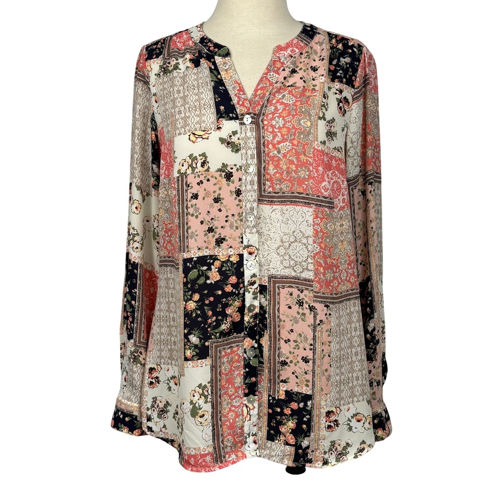 Westport Patchwork Floral‎ Blouse Womens S Boho Button Front Roll Tab Sleeve